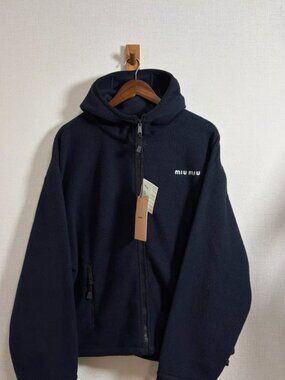 MIUMIU Solid Color Fleece Hooded Zip-Up Sweatshirt, Elastic Hem, Unisex, Navy Bl